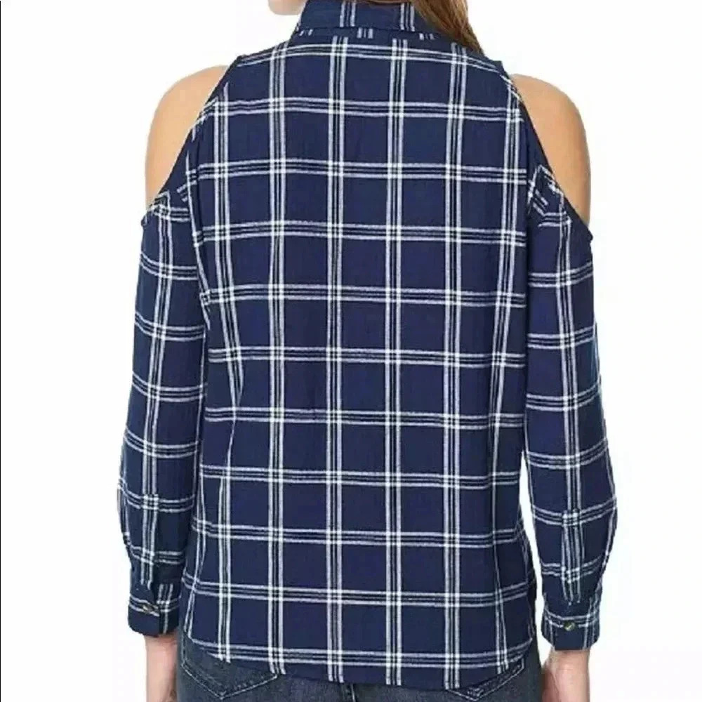 Buffalo plaid cold  shoulder botton down shirt. Sz Xs - Picture 2 of 11